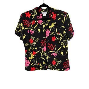 Jaclyn Smith Collectibles Dark Floral Retro Button Up Blouse Medium Made Canada